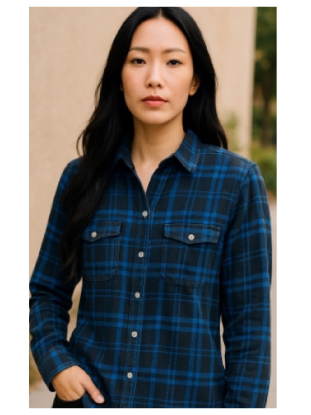 LL Bean Signature Shirt Top Button Down Sz 16 XL 1X Scotch Plaid Blue Black
